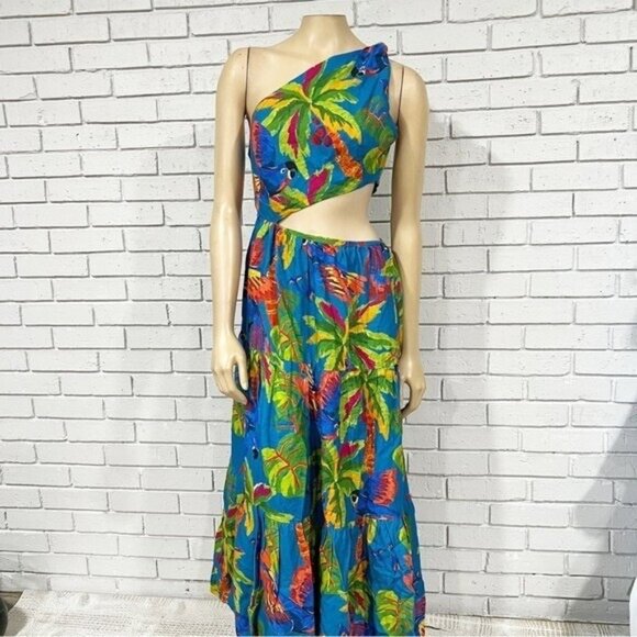 Farm Rio “Sunny Day” One‑Shoulder Maxi Dress – Tropical Cut‑Out Tiered Size M - Picture 1 of 12